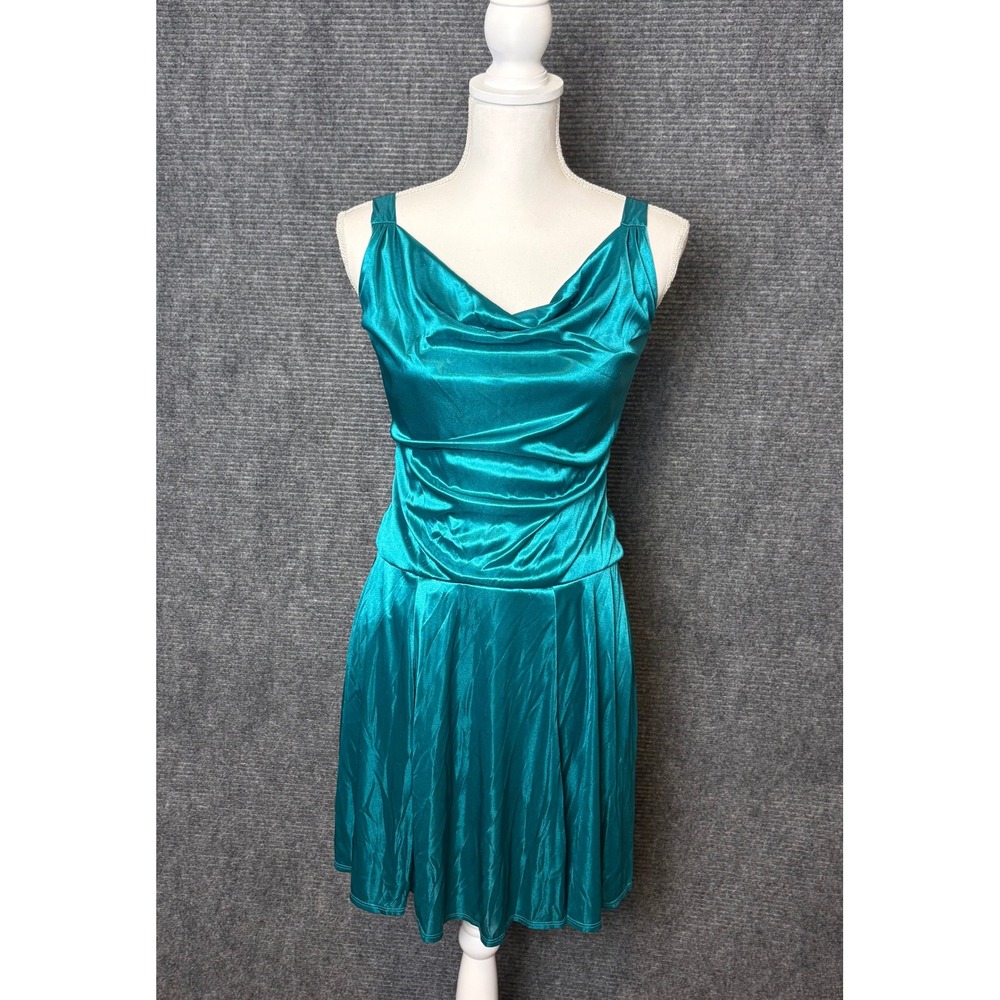 Charlotte Russe Teal Satin Cowl Neck Open Back Sequin Mini Dress Medium Cocktail